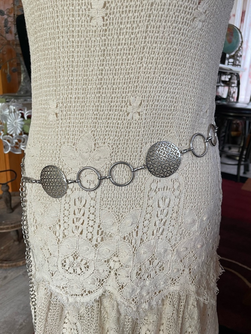 Vintage Silver Tone Chain Belt Openwork Disc Waist Belt Adjustable to 48”